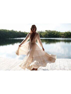 Spiritum Tulum Maria Felix Maxi Gown Gauzy Organic Cotton Tiered Womens One Size